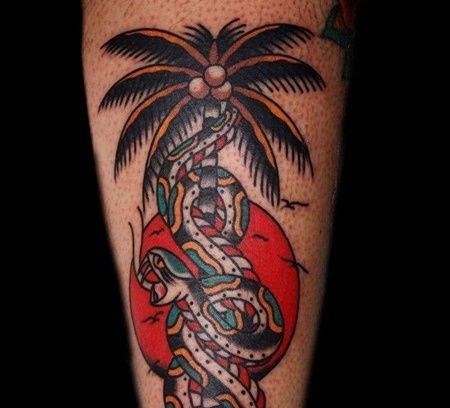 Old School小腿椰子树蛇纹身图案