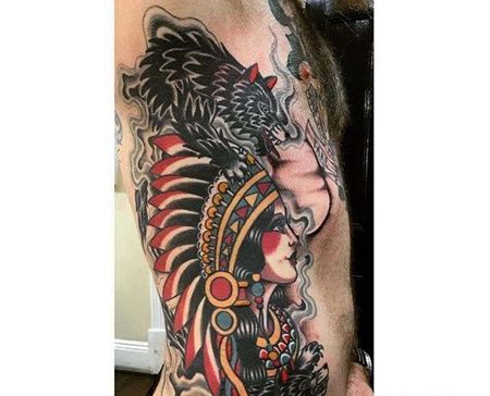 Old School侧腰印第安女人纹身图案