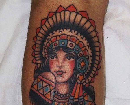 Old School小腿印第安女人纹身图案