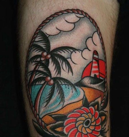 Old School大腿椰子树纹身图案