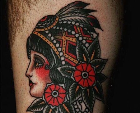 Old School大腿印第安女人纹身图案