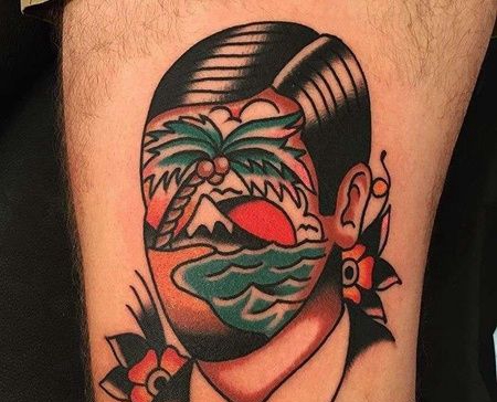 Old School大腿人像椰子树纹身图案