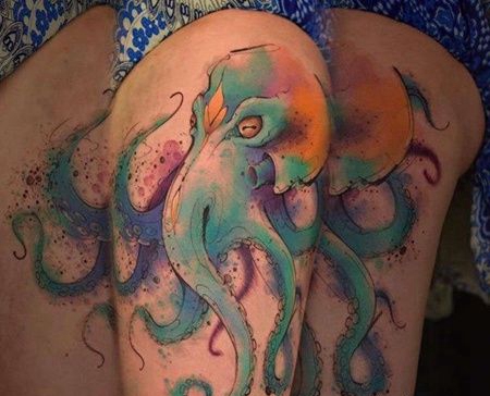 水彩大腿章鱼纹身图案