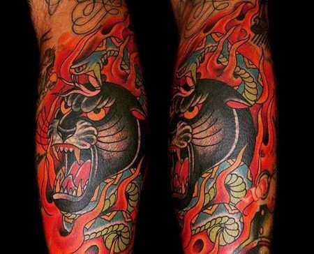 Old School小臂黑豹蛇纹身图案