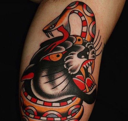 Old School大臂黑豹蛇纹身图案