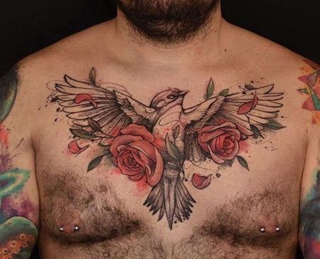 水彩前胸鸟玫瑰纹身图案