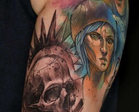 水彩大臂女人骷髅纹身图案