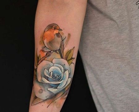 水彩小臂鸟玫瑰纹身图案