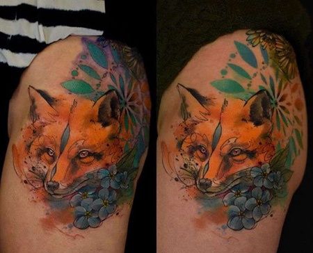 水彩大腿狐狸纹身图案