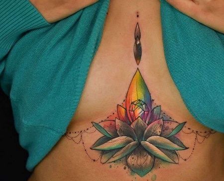 水彩腹部荷花纹身图案