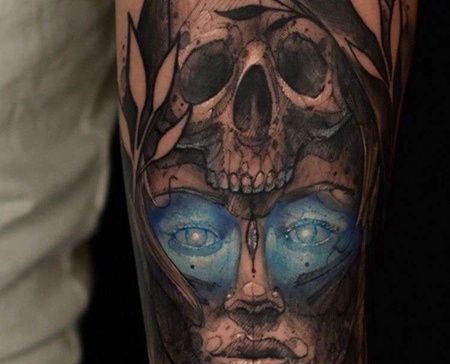 水彩小臂骷髅女人纹身图案