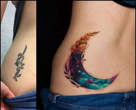 水彩侧腰月亮纹身图案