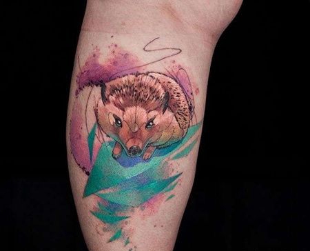 水彩小腿刺猬纹身图案