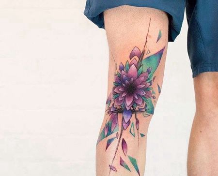 水彩膝盖繁花纹身图案