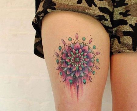 水彩大腿繁花纹身图案