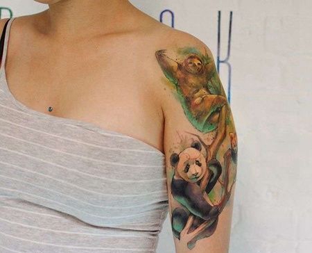 水彩大臂树懒熊猫纹身图案