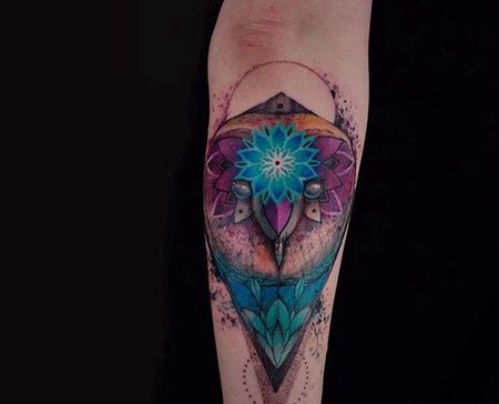 水彩小臂猫头鹰纹身图案