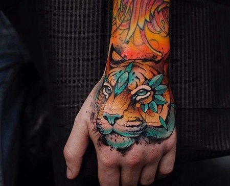水彩手背老虎纹身图案