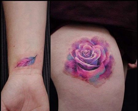 水彩大腿手腕玫瑰叶子纹身图案
