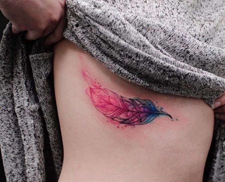 水彩大腿羽毛纹身图案