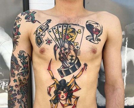Old School前胸腹部手扑克蜘蛛纹身图案