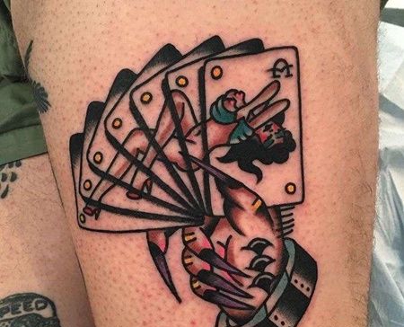 Old School大腿手扑克纹身图案