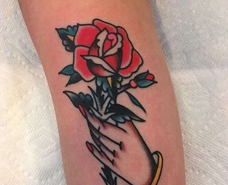 Old School小腿手玫瑰纹身图案