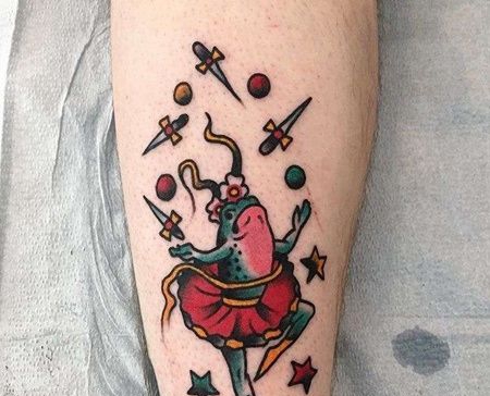 Old School小腿青蛙纹身图案