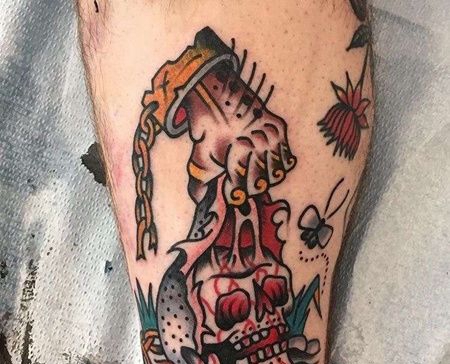 Old School小腿手骷髅纹身图案