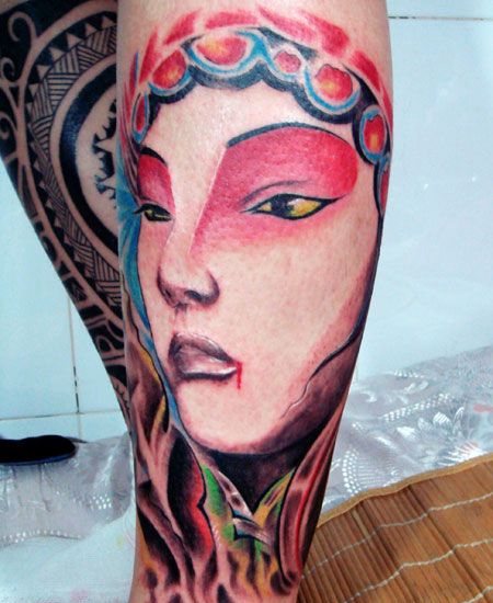 小腿戏子青衣头像纹身图案