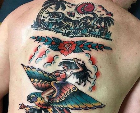 Old School后背鹦鹉女人纹身图案