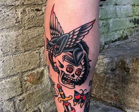 Old School小腿骷髅猫纹身图案