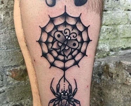 Old School小腿蜘蛛网蜘蛛纹身图案