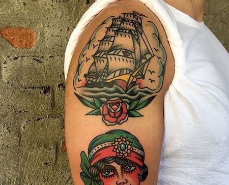 Old School大臂女人帆船纹身图案