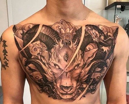 新传统前胸羊纹身图案