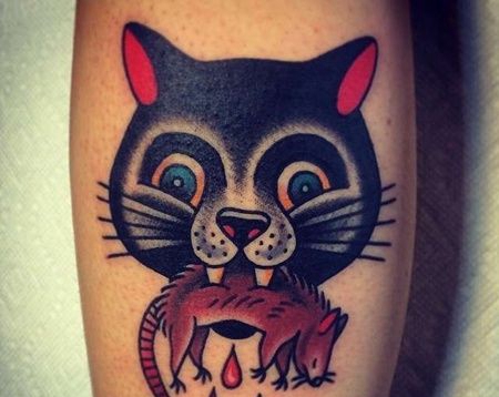 Old School小腿猫老鼠纹身图案