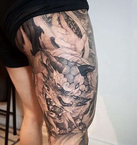 新传统大腿夜叉纹身图案