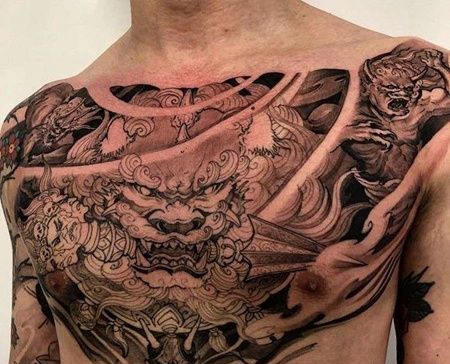 新传统前胸唐狮纹身图案