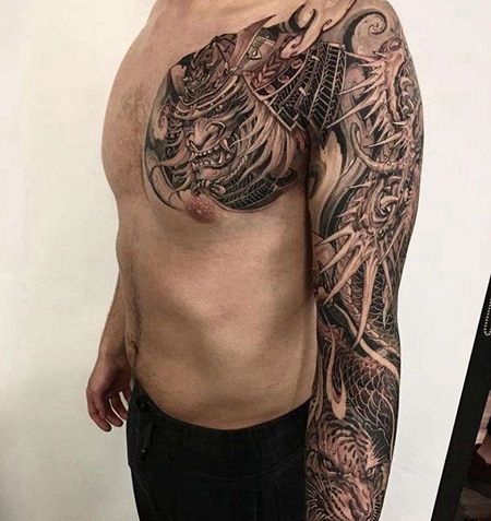 新传统大臂前胸龙鬼武士纹身图案