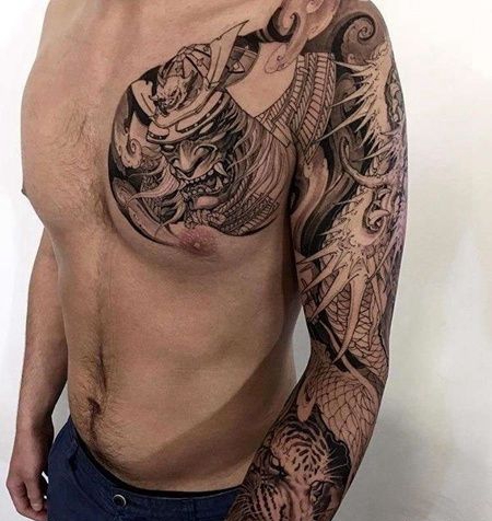新传统大臂前胸鬼武士龙纹身图案