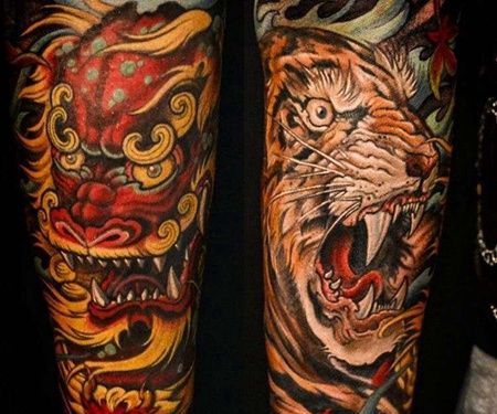 新传统小臂老虎唐狮纹身图案