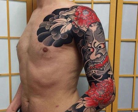 日式胳膊般若牡丹纹身图案