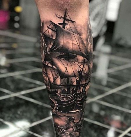 写实小腿章鱼帆船纹身图案