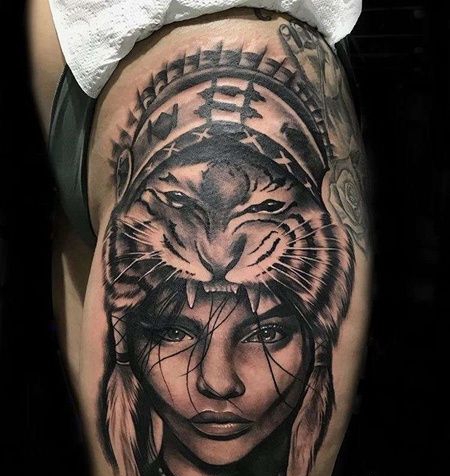 写实大腿女人老虎纹身图案