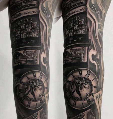 写实胳膊老虎机钟表纹身图案