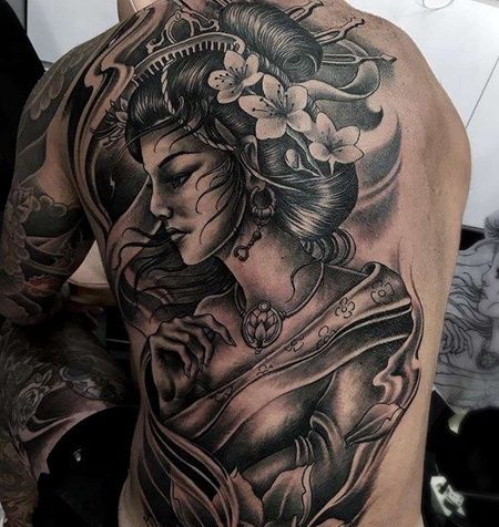 新传统后背艺伎纹身图案
