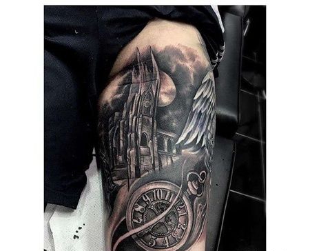 写实大腿建筑钟表纹身图案