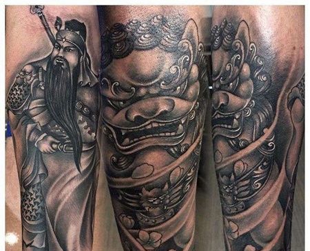 新传统小臂唐狮关羽纹身图案