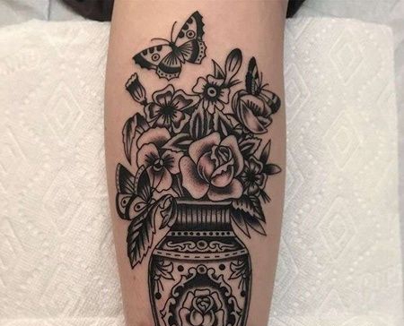 Old School小腿花瓶玫瑰纹身图案