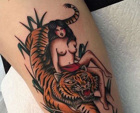 Old School大腿女人老虎纹身图案
